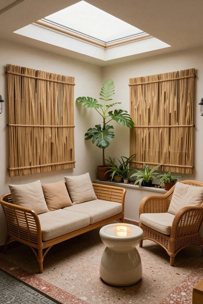 Bright indoor corner with beige rattan loveseat and matching armchair around a white ceramic drum stool table holding a lit candle, flanked by tall bamboo screen panels, potted plants including a monstera, and a skylight overhead.