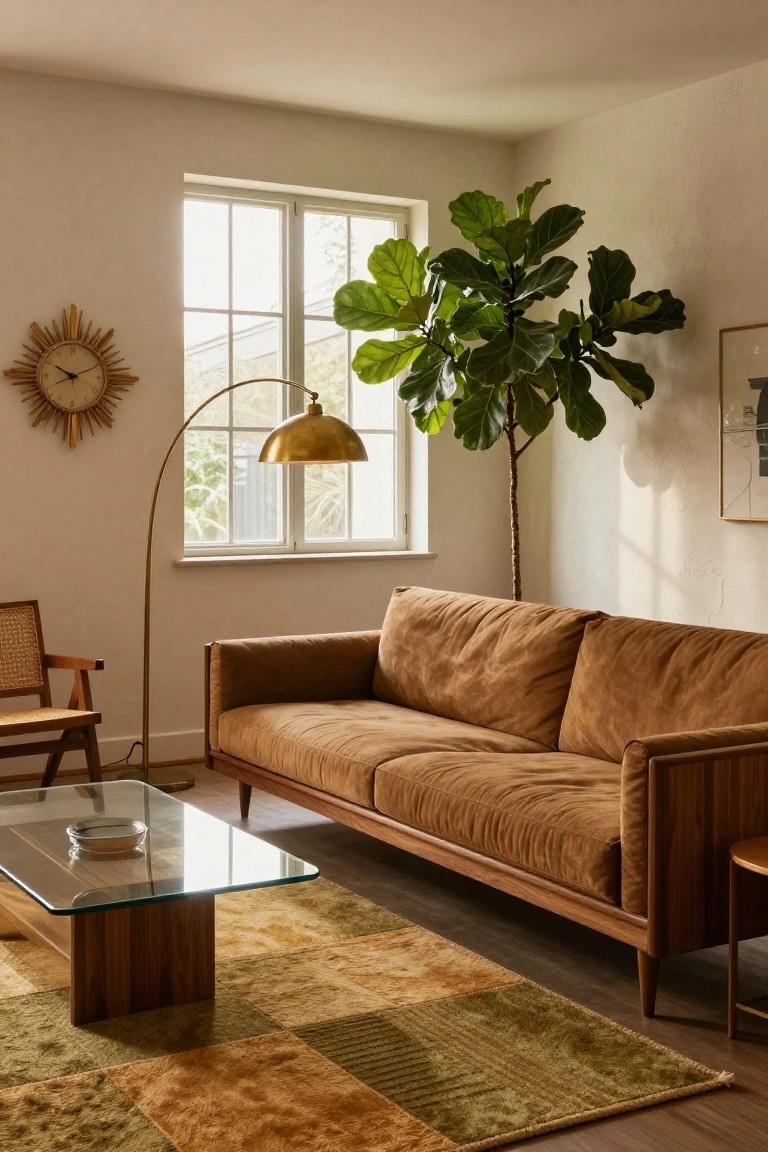 A sunlit living room with a tan suede sofa on wooden frame, low wooden coffee table with glass top, large potted fiddle leaf fig plant, brass arc lamp, rattan chair, colorful woven rug, and sunburst clock on white walls.