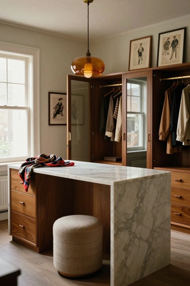 Walk-in closet with open wooden wardrobes displaying hanging clothes, a central white marble-topped wooden island with drawers, a round fabric pouf stool, draped scarves on the island, framed artwork on walls, and a window with natural light.