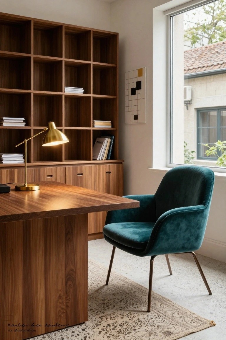 Home office interior with tall walnut wood shelving unit, lower cabinets, wooden desk, gold desk lamp, teal velvet armchair, and large window showing exterior greenery and buildings.