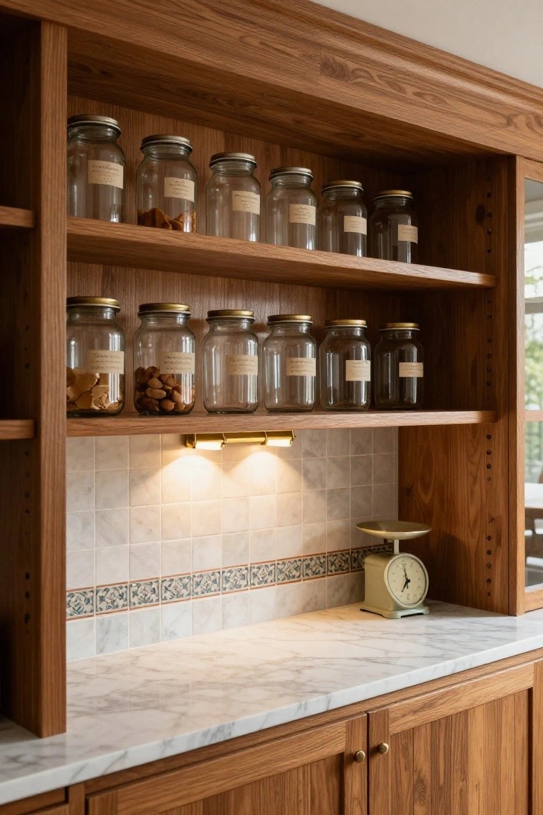 Wooden kitchen cabinetry with open shelves holding labeled glass jars of dry goods like nuts and cookies, under-shelf lighting, white tiled backsplash with blue border, marble countertop, and pale green kitchen scale.