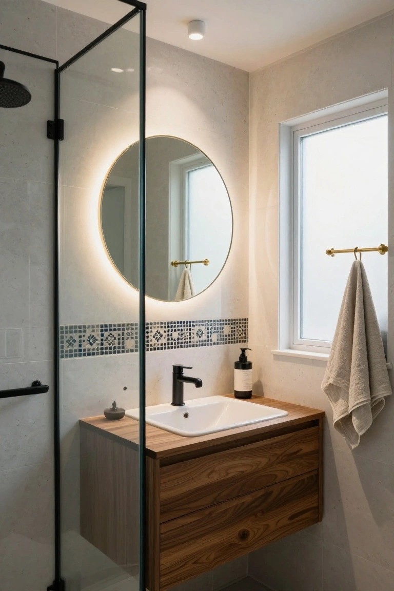 Modern bathroom with frameless glass shower enclosure, floating wooden vanity under white sink and black faucet, round backlit mirror above blue mosaic tile border, and window with hanging towel.