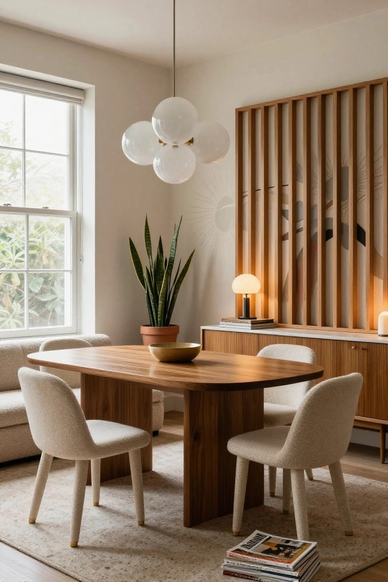A bright dining room with an oval wooden table, four cream bouclé-upholstered chairs with wood legs, a wooden credenza, potted snake plant, slatted wood screen partition with artwork, and hanging globe light fixture.