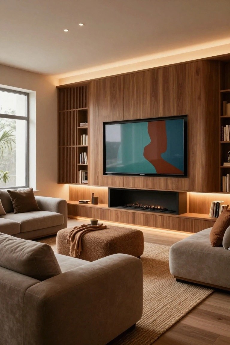 Living room with a tall wood-paneled wall featuring a large mounted TV, linear gas fireplace below, open shelves on sides, neutral fabric sofas, pouf ottoman, and seagrass rug on wood floor.