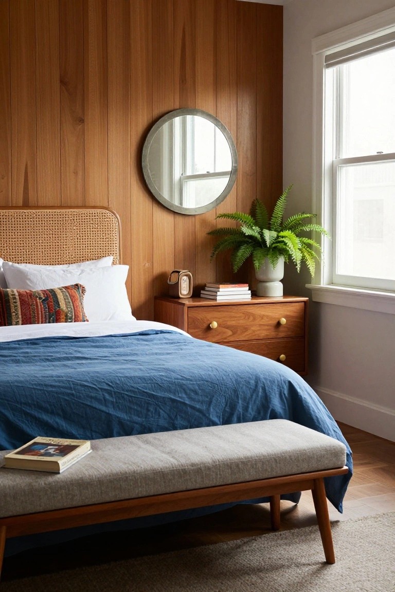 Bedroom interior with vertical wood paneling on one wall, rattan headboard bed draped in blue linens and colorful pillows, wooden nightstand holding books and a plant, round metal mirror, bench at bed foot, and window with roller shade.