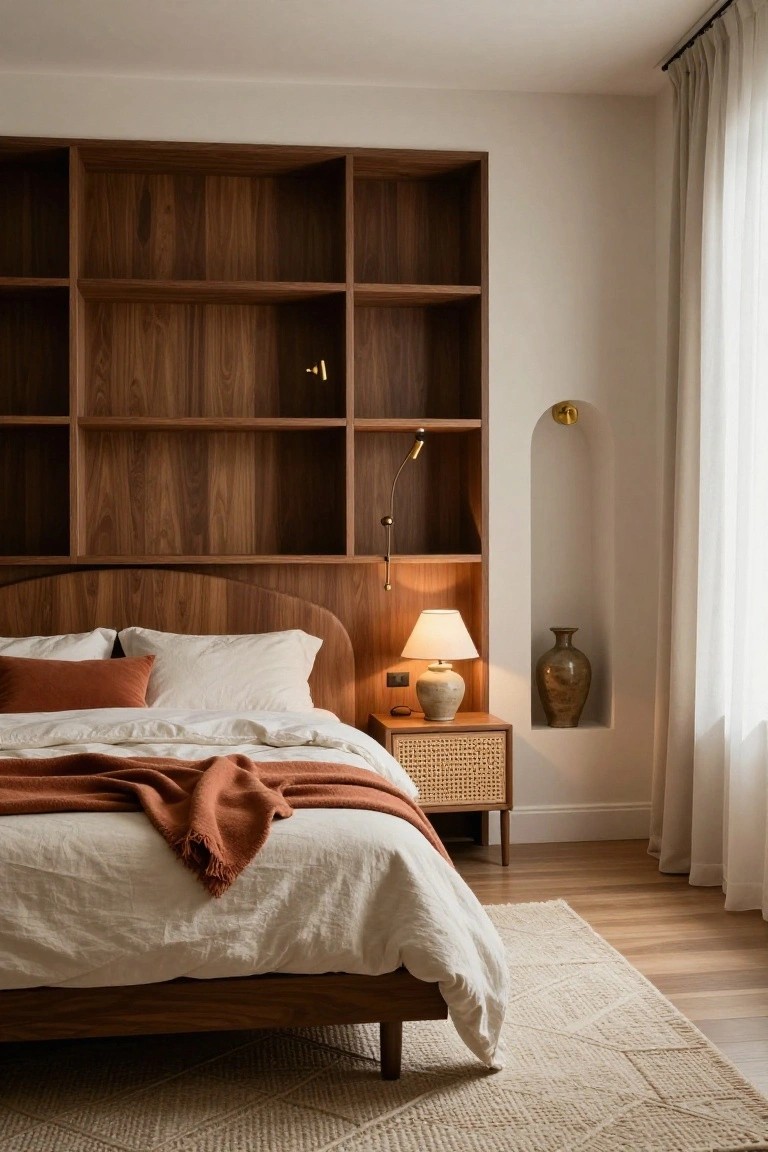 Bedroom interior with full-wall walnut shelving unit curving as headboard behind bed with white sheets, rust pillows and throw, rattan nightstand with lamp, arched wall niche holding vase, and window with sheer curtains.