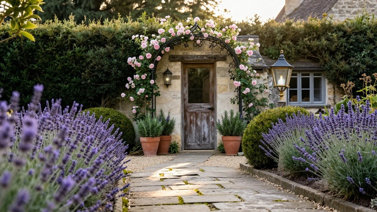 Cream stucco cottage with gray-shingled roof, wooden front door under wrought-iron arch draped in pink climbing roses, flanked by terracotta pots of rosemary, and stone path lined with lavender bushes on gravel bed.