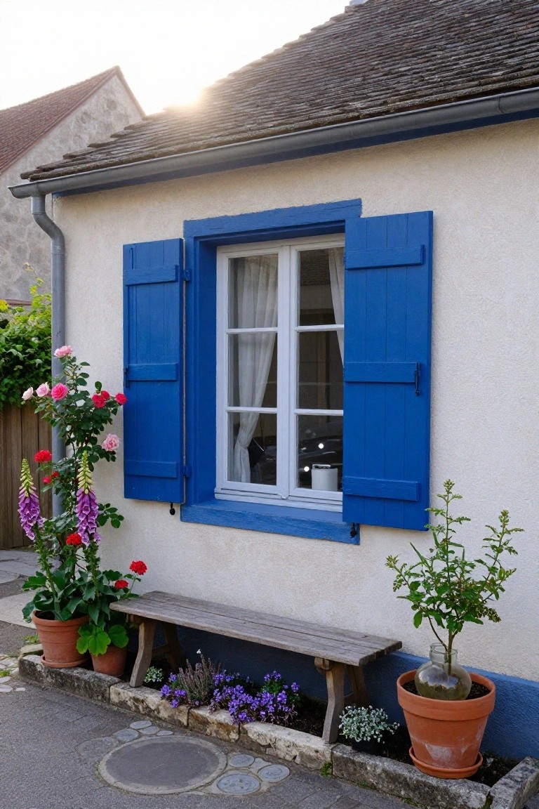 Cream stucco house wall with blue-shuttered window, potted pink roses and purple foxgloves, red geraniums in terracotta pots, wooden bench, small flower bed, and stone edging along a paved path.