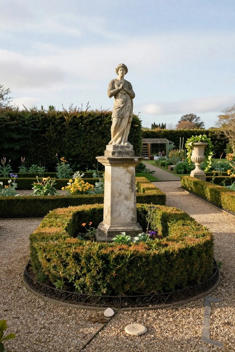 Weathered stone statue of a robed female figure on a tall pedestal centered in a formal garden with symmetrical boxwood hedges, flower beds, gravel paths, and surrounding tall hedges.