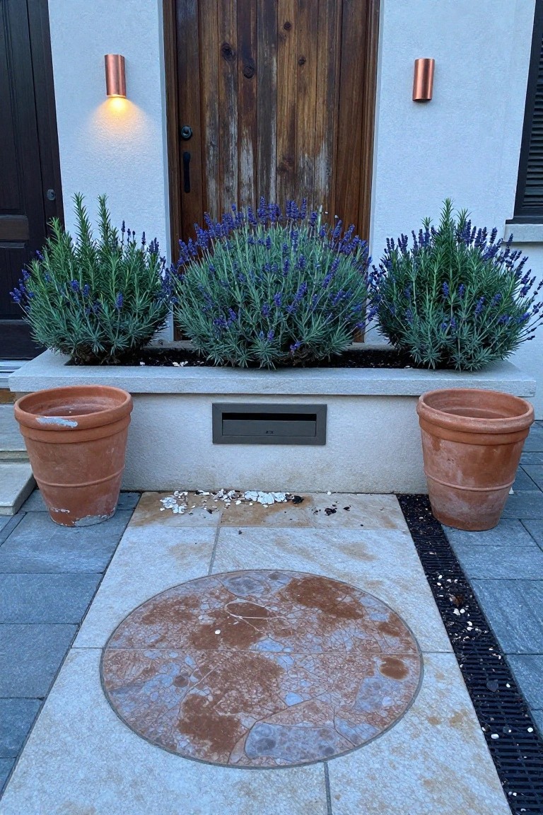 House front entrance featuring a dark wooden door with black handle, centered raised concrete bed with three lavender bushes, terracotta pots holding rosemary on each side, copper wall lights, built-in mailbox, and paved pathway with circular stone insert.