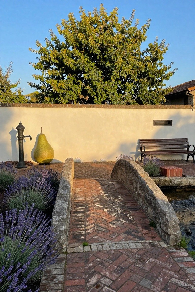 Stone bridge with brick path arches over a small stream in a garden, bordered by lavender plants, next to a large pear sculpture, old pump, bench, and white wall under a tree.