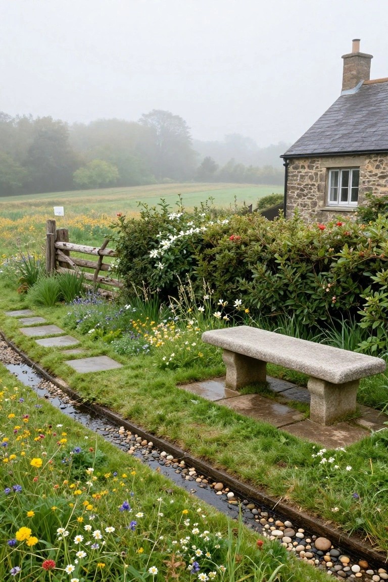 Stone cottage partially visible in misty background with wooden fence, curved flagstone path beside narrow pebble-lined stream, wildflowers, grasses, shrubs, and stone bench in foreground garden.