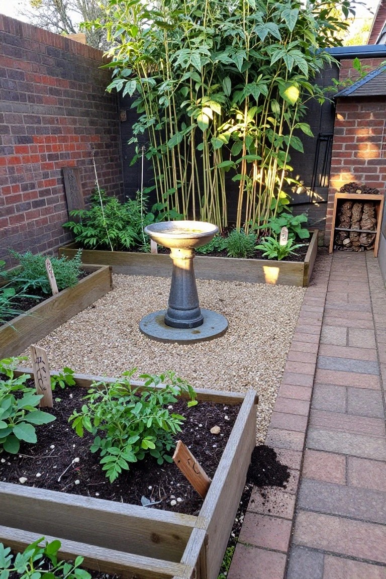 Backyard gravel garden area with wooden raised beds containing vegetables and herbs, central pedestal birdbath, bamboo plants against brick walls, and a brick path.