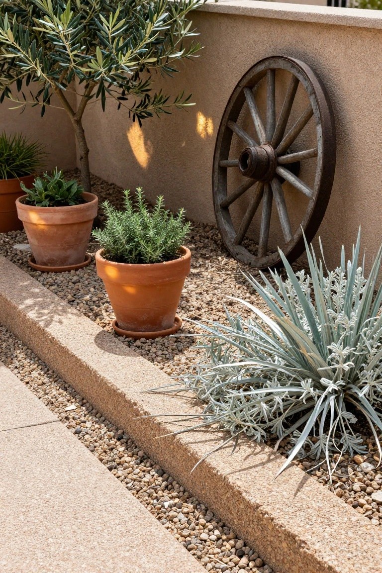 Landscaping bed with terracotta pots of rosemary and green plants on gravel mulch, wooden wagon wheel leaning on beige stucco wall, silver-leafed agave plants, and stone edging.