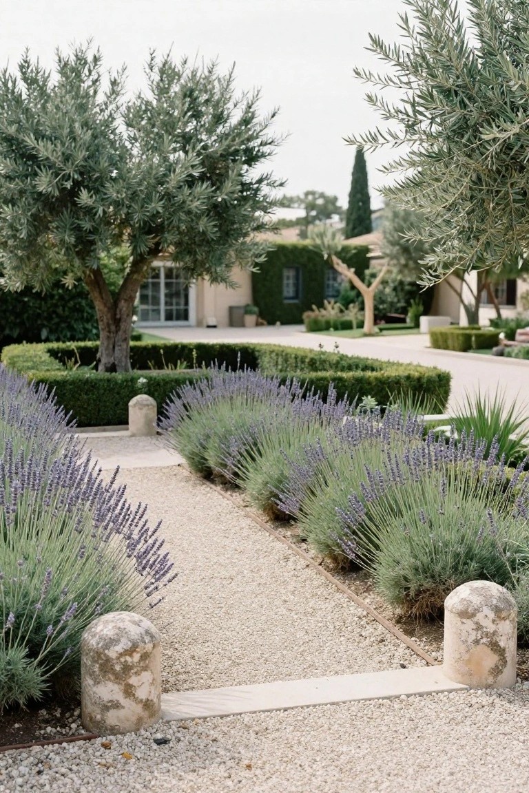 Gravel pathway edged with lavender plants and stone bollards, bordered by boxwood hedges and olive trees, leading toward a beige house in a landscaped garden.