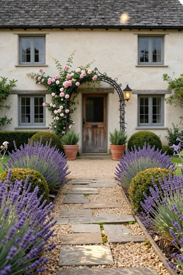 Cream stucco cottage with gray-shingled roof, wooden front door under wrought-iron arch draped in pink climbing roses, flanked by terracotta pots of rosemary, and stone path lined with lavender bushes on gravel bed.