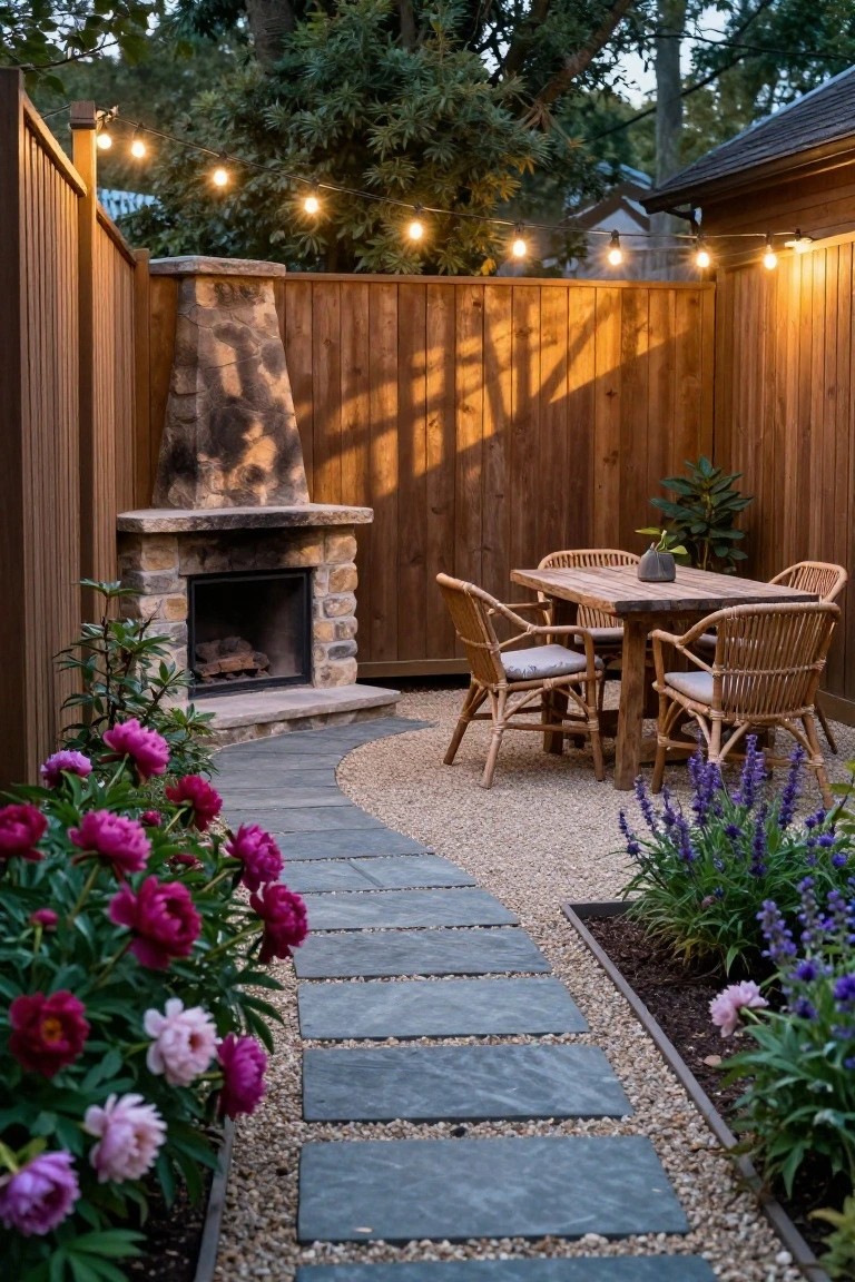 Wooden-fenced backyard patio with stone outdoor fireplace, rustic wooden table and rattan chairs on gravel, curved stone path lined with pink peonies and purple lavender, string lights overhead.