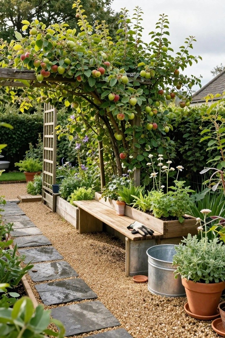 Gravel garden path edged by wooden raised planter beds filled with various green plants and flowers, with a built-in wooden bench seat and espaliered apple tree growing over a pergola structure.