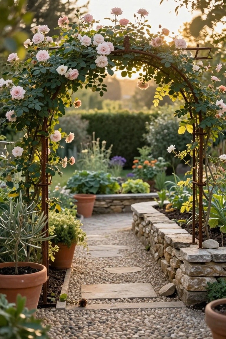 Rustic metal archway covered in pink climbing roses spans over a stone and gravel garden path flanked by low stone walls, flower beds with perennials, and terracotta pots with agave and other plants.