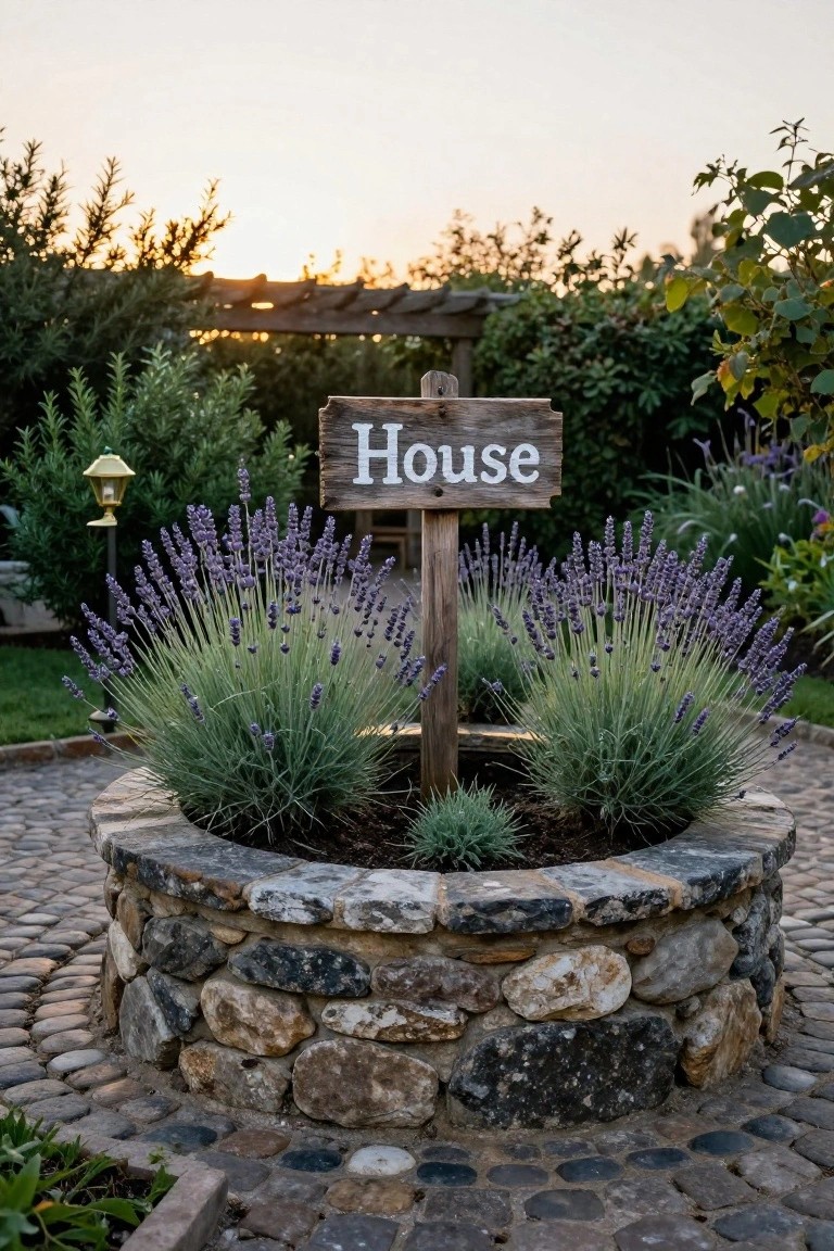 Wooden sign reading "House" on a post next to a circular stone planter filled with lavender plants, surrounded by pebble path and garden greenery.