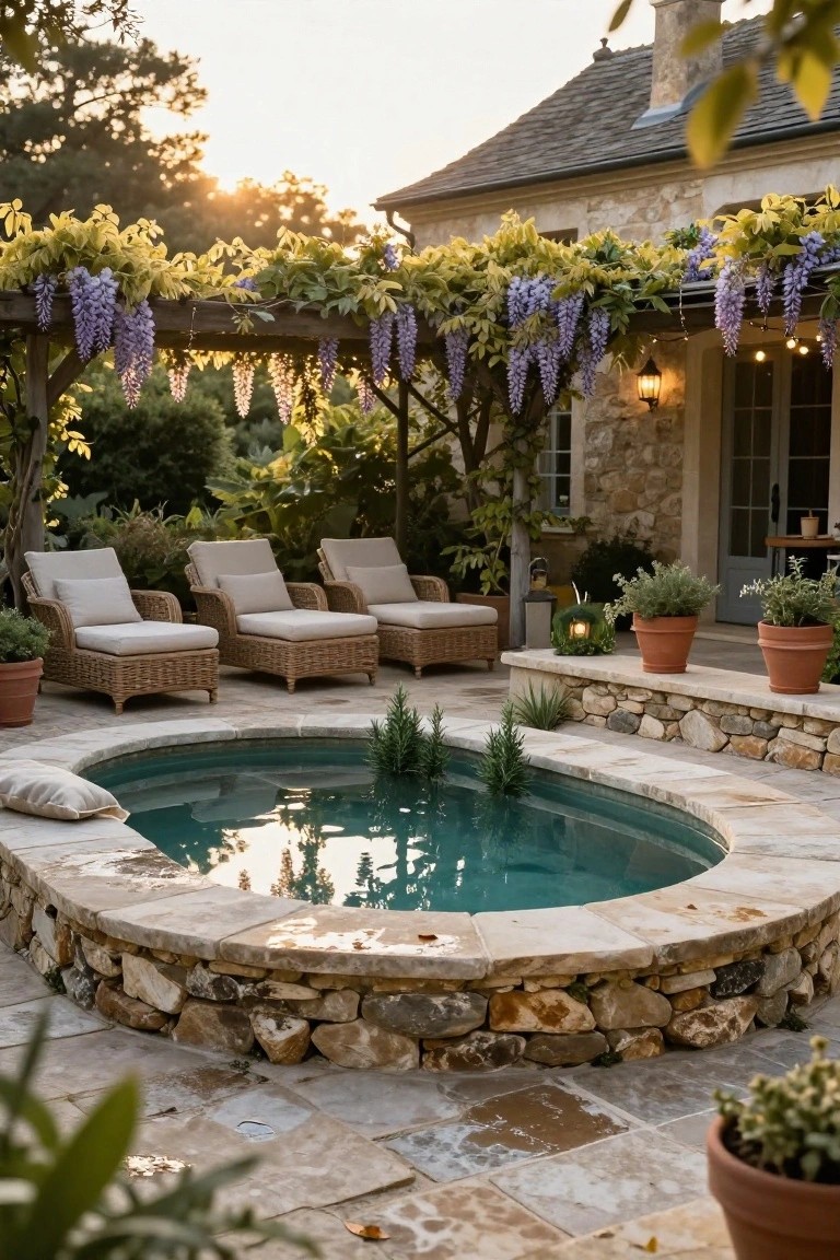 Oval turquoise pool with stone rim on flagstone patio, surrounded by beige wicker lounge chairs under wooden pergola covered in purple wisteria, stone house exterior and potted plants in background at sunset.