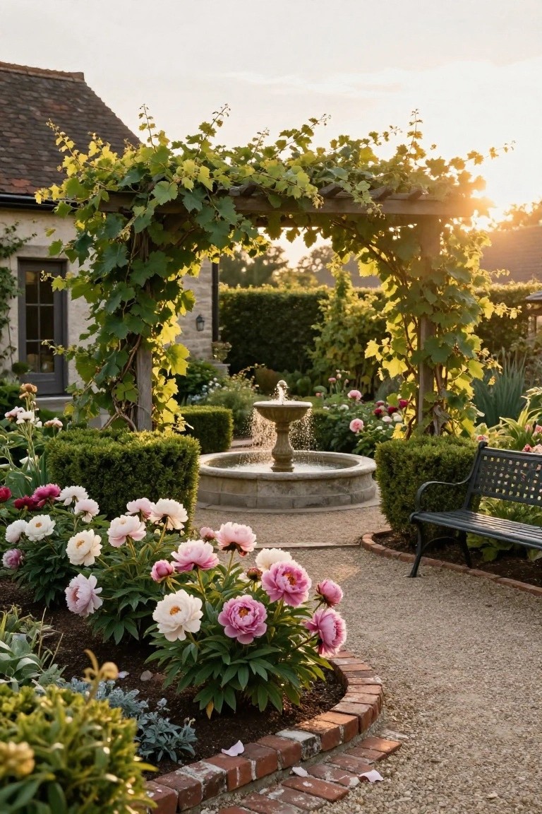 Gravel garden path passing under a wooden arbor draped in green grapevines, leading toward a stone fountain circled by pink and white peony flowers and boxwood hedges, with a black metal bench nearby and a stone house in the background at sunset.