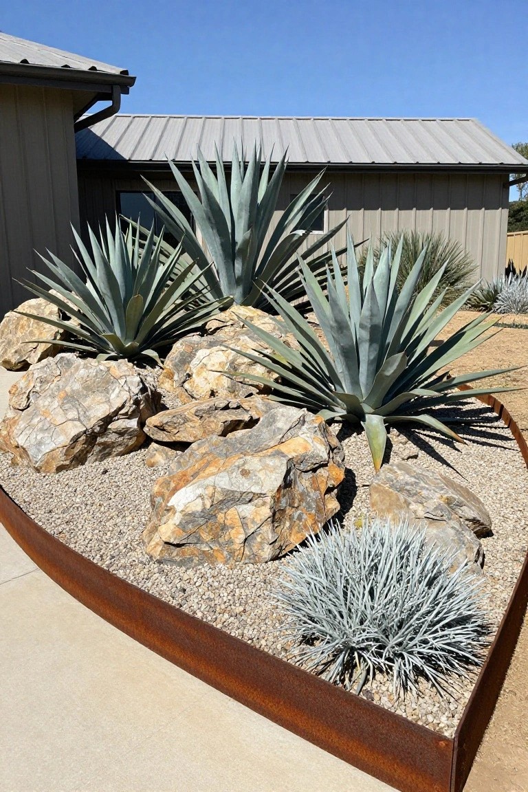 Curved gravel-filled landscape bed with multiple agave plants, large tan rocks, and silver bushes, bordered by rusted steel edging, next to a beige metal building with gray standing-seam roof under clear blue sky.