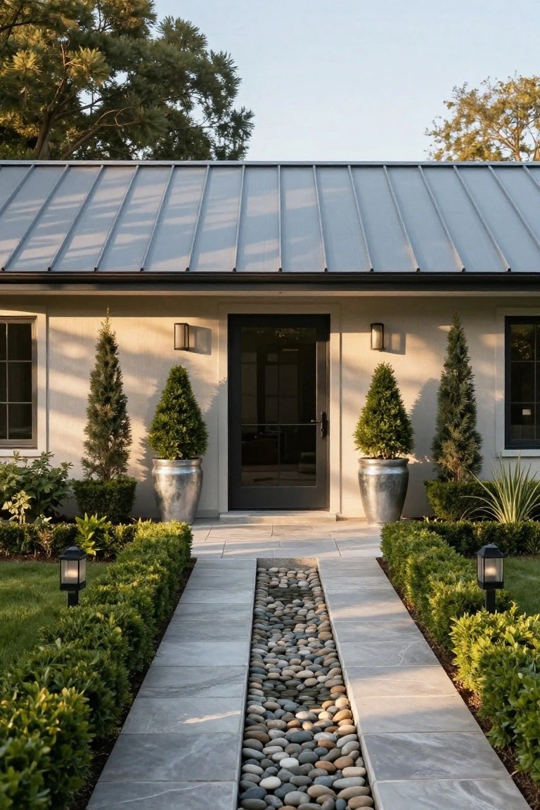 Front exterior of a modern single-story home with gray standing-seam metal roof, black glass door flanked by large silver planters holding topiary trees, gray paver walkway with central river rock strip edged by low boxwood hedges, and black lantern path lights.