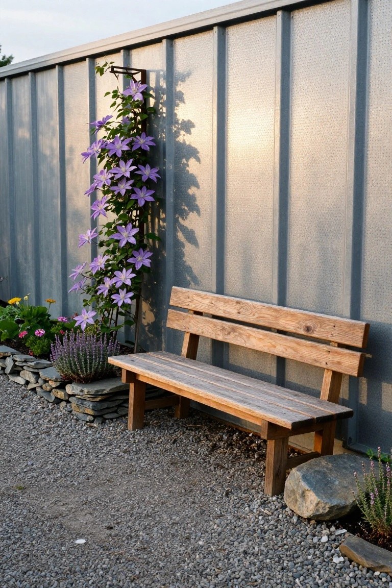 Wooden bench on gravel path next to tall gray metal fence with purple clematis vines climbing a black metal trellis, surrounded by flower beds, lavender, rocks, and small plants.
