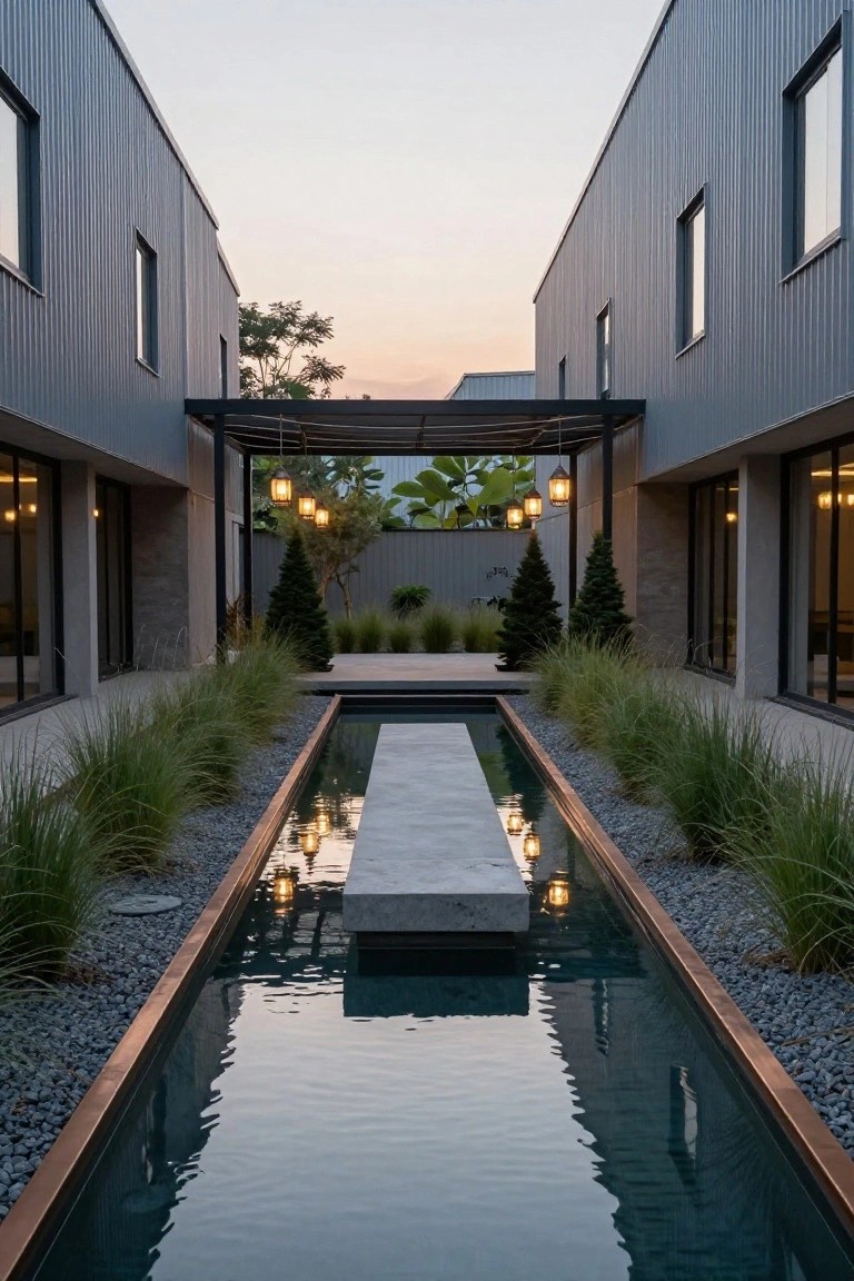 Narrow reflecting pool lined with pebbles and tall ornamental grasses runs through a courtyard between two gray metal-clad buildings with windows, small trees, hanging lanterns, and a pergola structure.
