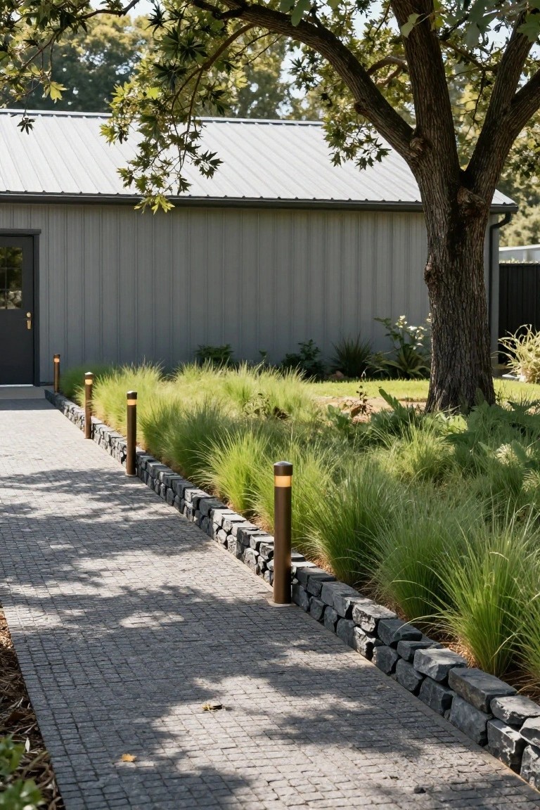 Gray metal building with door and window, cobblestone pathway edged by dry-stacked dark stone wall and tall green ornamental grasses, bronze bollard lights along the path, overhanging tree branches.