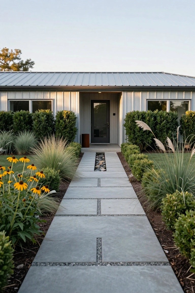 Front view of a gray metal-sided house with a centered glass door, approached by a concrete paver pathway with pebble inlays flanked by ornamental grasses, black-eyed Susan flowers, and boxwood shrubs.
