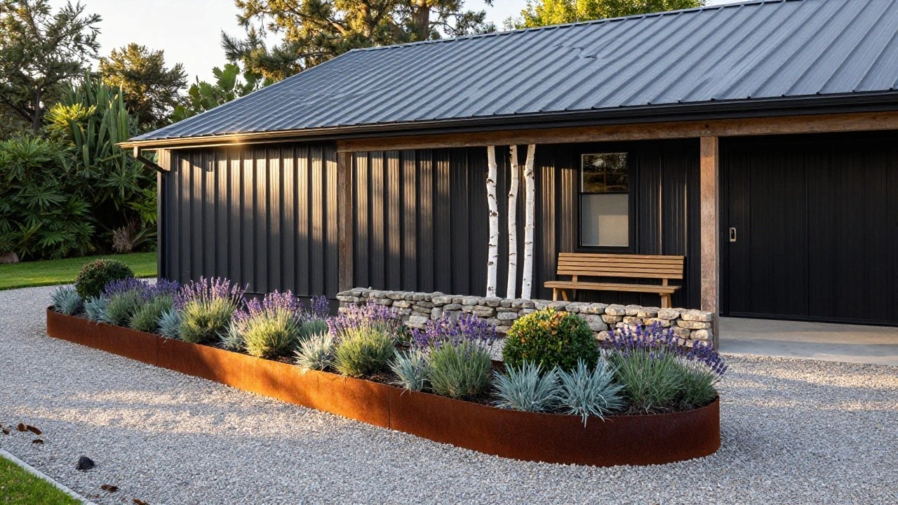 Black metal-sided gabled building with stone foundation, wooden bench, birch trees against the siding, lavender and grasses in curved rusty metal planters, and gravel ground cover.