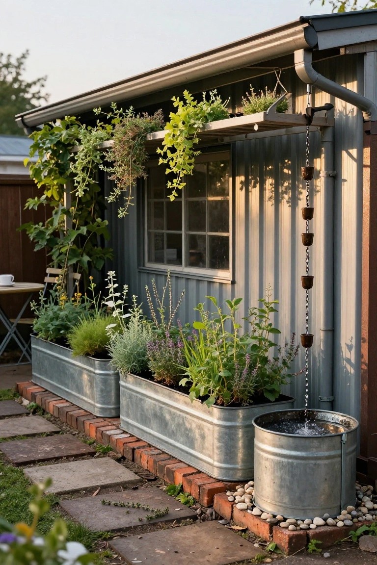 Gray metal shed with climbing vines and hanging plants from gutter and chain downspout, flanked by two large galvanized metal tubs filled with assorted greenery and flowers on brick edging beside a paved path.