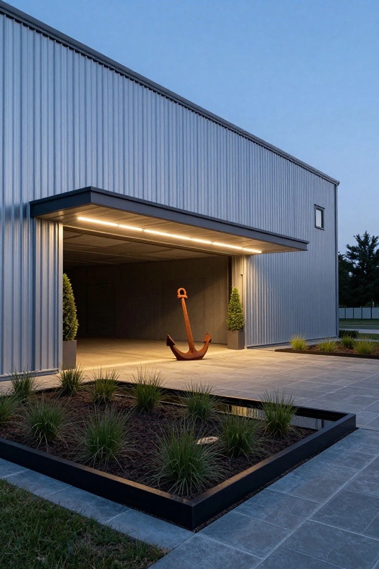 Gray metal building with open garage under lit canopy, large wooden anchor sculpture inside, potted boxwood trees flanking entrance, black metal-edged bed of grasses beside gray paver walkway at dusk.