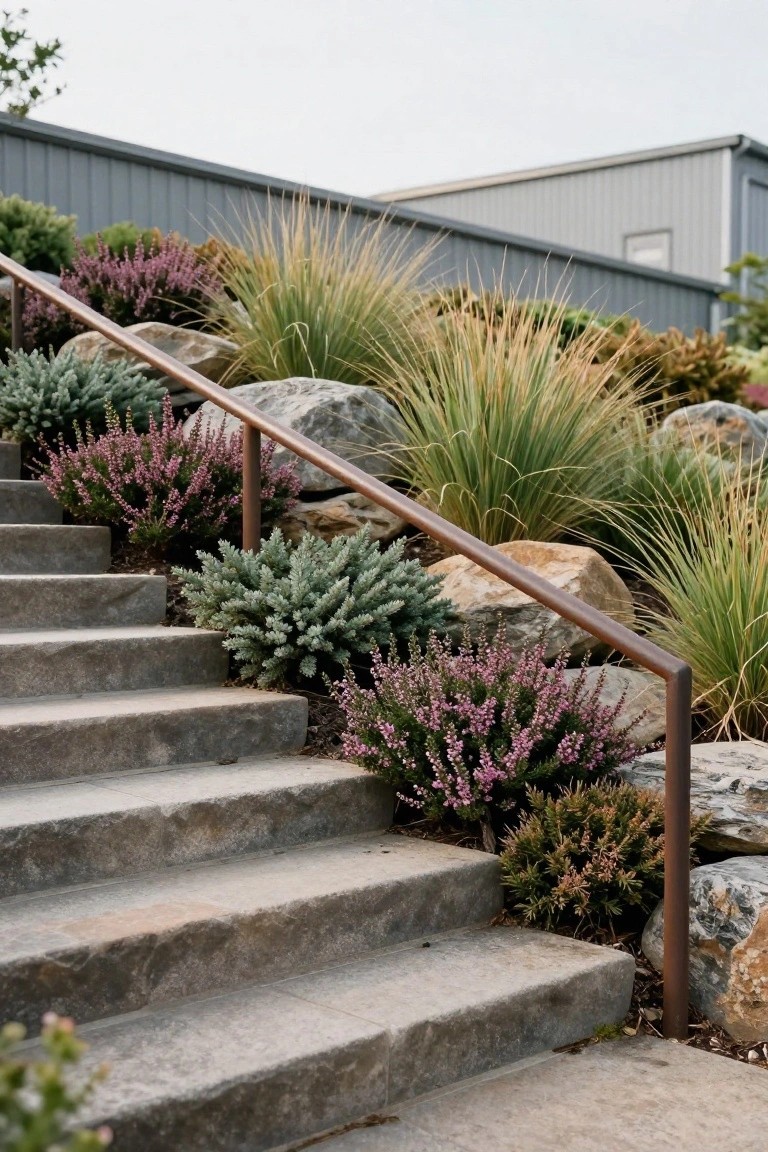 Concrete stairs with copper-colored metal handrail flanked by large boulders, pink-flowering heather shrubs, silver-leaf plants, and tall ornamental grasses beside a gray metal building.