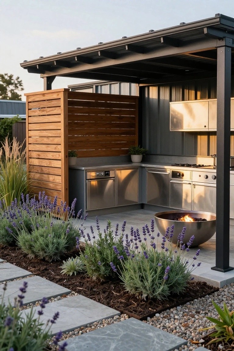 Modern outdoor kitchen with stainless steel appliances, fire pit, and lavender garden.
