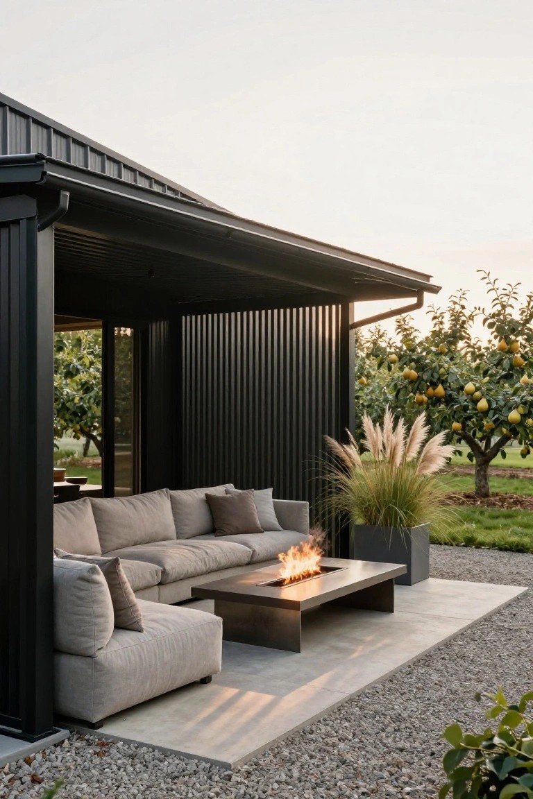 Black metal-roofed outdoor lounge with beige L-shaped sofa, linear gas fire table with flames, pampas grass in black pot, gravel and concrete patio, and pear trees in background.