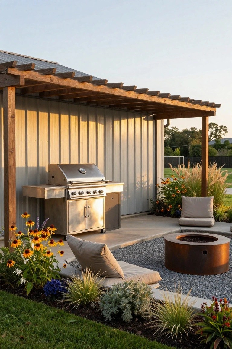 Wooden pergola covering a stainless steel built-in grill and counter next to gray metal building wall, gravel patio with beige floor cushions around round copper fire pit, and nearby flowers and ornamental grasses.