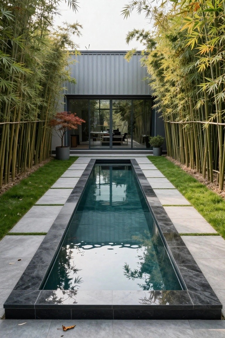 Narrow rectangular pool centered between gray stone pavers and grass edges, flanked by tall dense bamboo groves, leading to a modern gray metal-clad house with large glass doors and a small tree nearby.