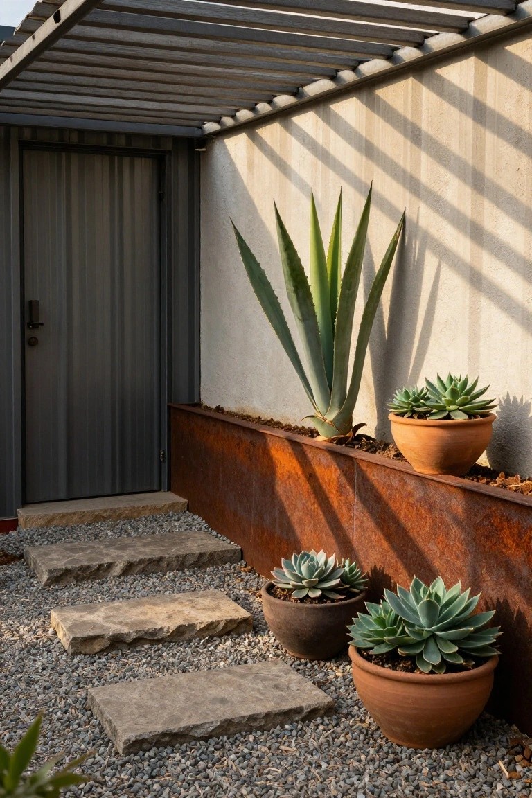 Close-up exterior view of a gray metal building door with adjacent beige stucco wall, tall agave in a rusted metal planter bed, several potted succulents, irregular stone steps on gravel ground, and overhead wooden slat pergola casting shadows.