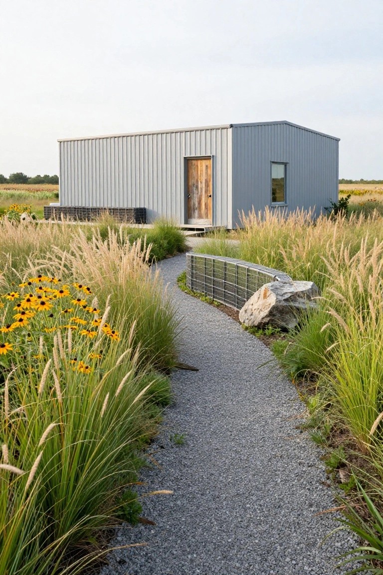Modern metal cabin with gravel path through tall wildflowers and grasses.