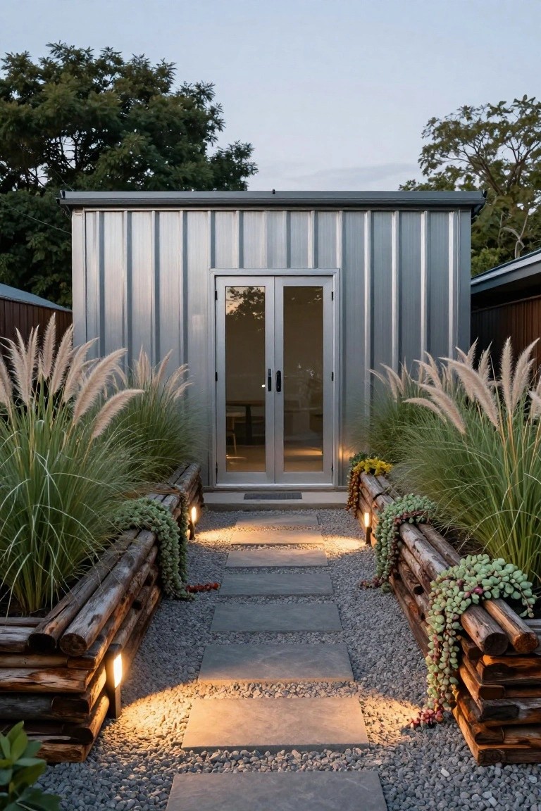 Corrugated metal shed-style building with double glass entry doors, approached via stone paver steps in gravel ground cover flanked by tall pampas grasses in rustic wooden planters and low pathway lights.