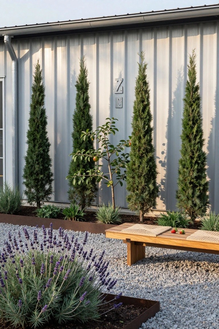 Corrugated metal building wall with symmetrical tall cypress trees, a young fruit tree, lavender plants in corten steel-edged beds, gravel ground cover, and a wooden bench holding strawberries.