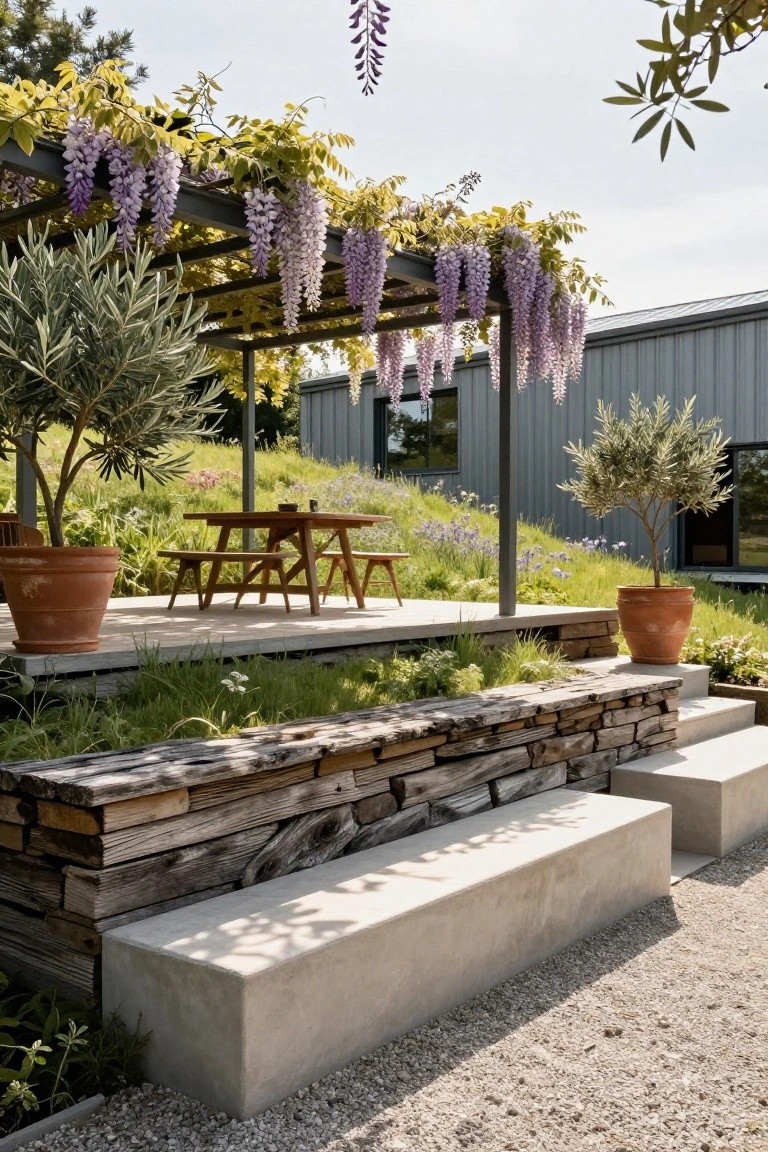 Elevated wooden deck platform with a metal pergola covered in purple wisteria over a picnic table and benches, next to a gray metal-sided house, with potted olive trees, stone walls, steps, and grassy hillside.