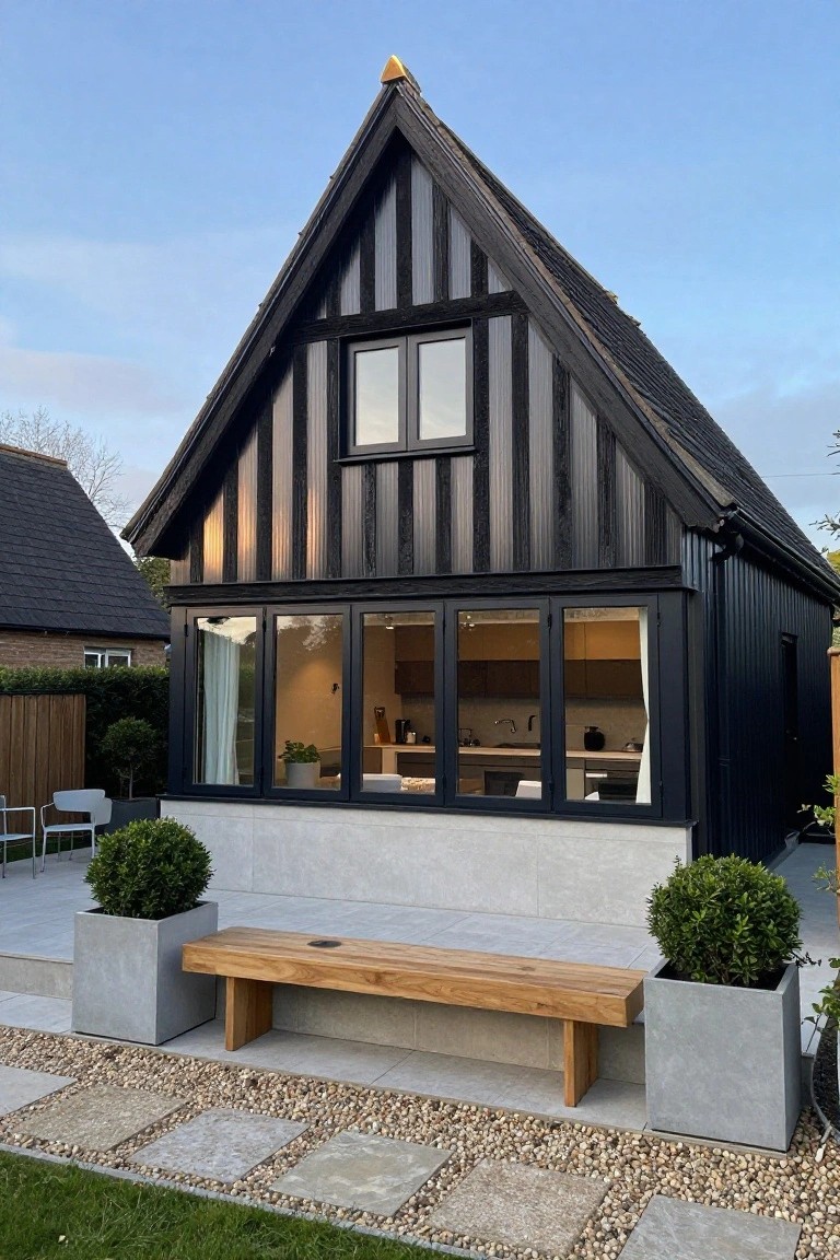 Black timber-clad gabled outbuilding with large kitchen windows, white base, wooden bench on concrete patio, potted shrubs, and stone path leading to lawn.