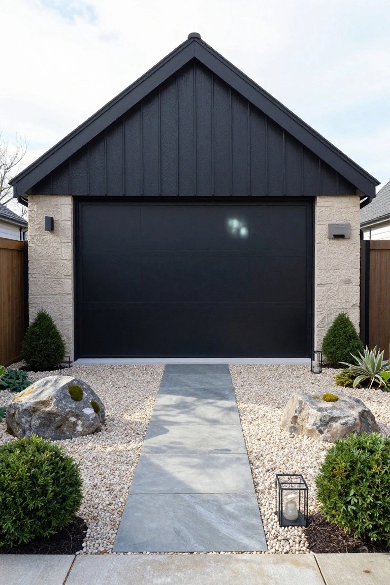 Detached garage with black vertical board-and-batten siding on the gable roof, beige stone side walls, large black garage door, and gravel pathway edged by rocks, shrubs, and agave plants.