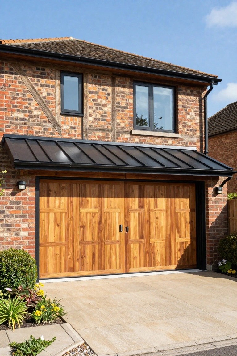 Brick house with timber framing and black-framed windows featuring a black metal canopy over vertical wooden garage doors on a concrete driveway with plants and gravel edging.