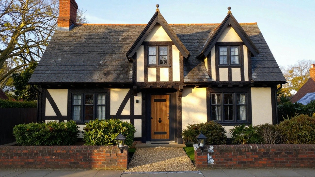 A compact two-story Mock Tudor house exterior with black half-timber framing on cream stucco walls, gabled roof, tall brick chimney, dark-framed multipane windows, dark wooden front door under a small overhang, brick boundary wall with lanterns, gravel path, boxwood shrubs, and adjacent houses.
