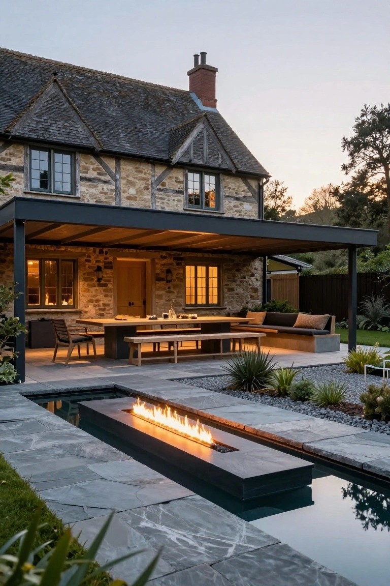 Stone house with timber framing and slate roof next to a covered terrace with wooden dining table, benches, chairs, and sofa; linear fire pit in narrow water channel along gravel-edged patio with agave plants and lawn.